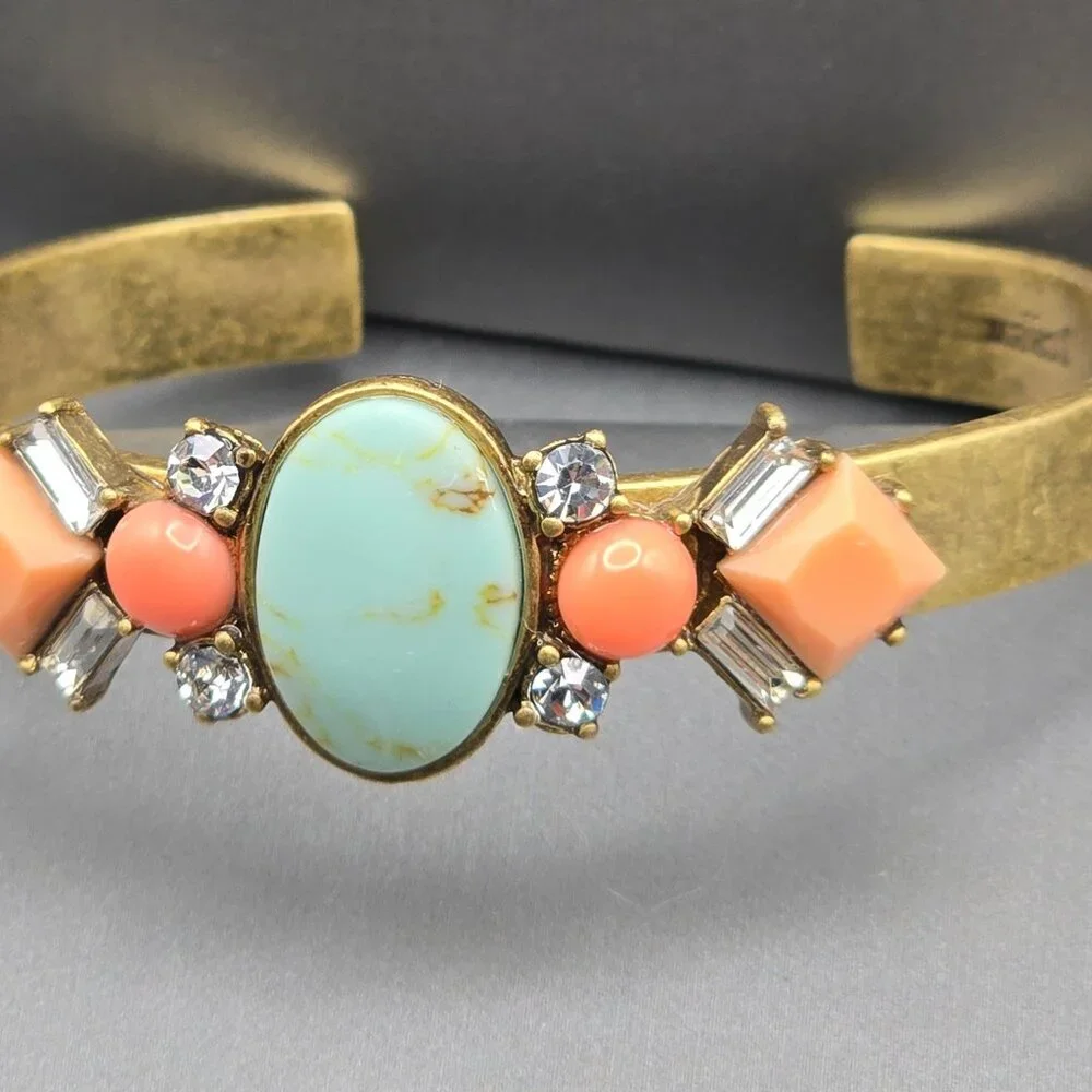 J Crew Antique Gold Tone Cuff Bracelet Faux Coral & Turquoise Stones Rhinestones - Picture 2 of 9